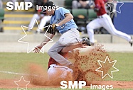 Melbourne Aces Andrew Russell and Sydney Blue Sox Mark Holland, in action during game 1 Round 5 , Melbourne Aces verses Sydney Bluesox.