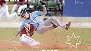 Melbourne Aces Andrew Russell and Sydney Blue Sox Mark Holland, in action during game 1 Round 5 , Melbourne Aces verses Sydney Bluesox.